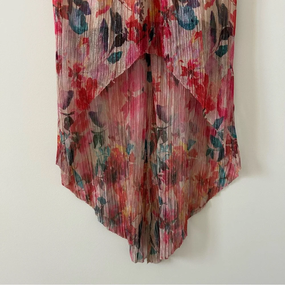 Adrianna Papell Floral Metallic Pleated Twist Front Hi Low Flutter Sleeve Gown 4